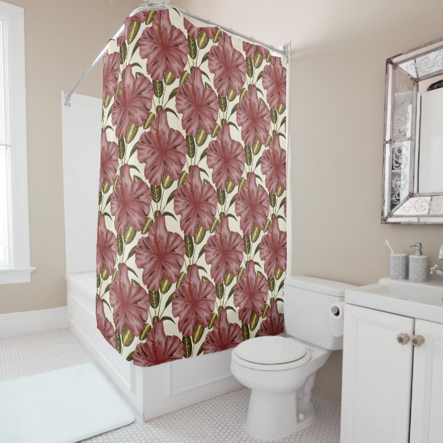 Tropical flowers seamless pattern | red flowers shower curtain (In Situ)