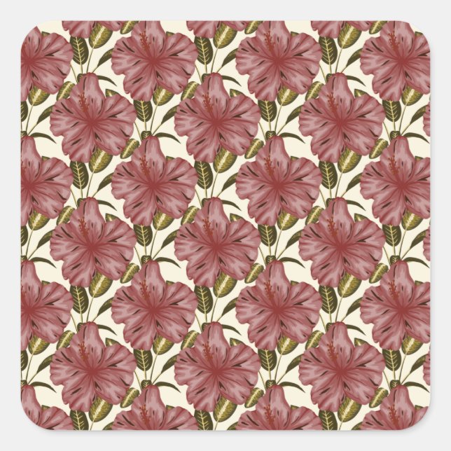 Tropical flowers seamless pattern | red flowers square sticker (Front)