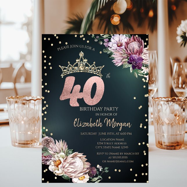Tropical Flowers Tiara Diamonds Green 40th Invitation (Creator Uploaded)