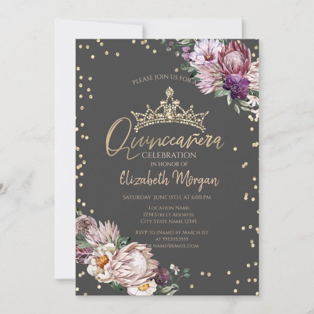Tropical Flowers Tiara Diamonds Grey Quinceañera Invitation (Front)