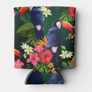 Tropical flowers, toucan: floral background. can cooler
