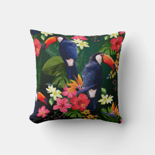 Tropical flowers, toucan: floral background. cushion