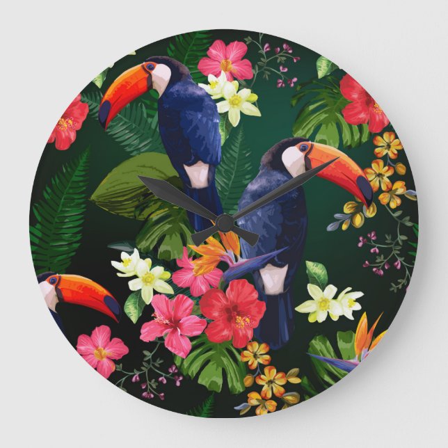 Tropical flowers, toucan: floral background. large clock (Front)