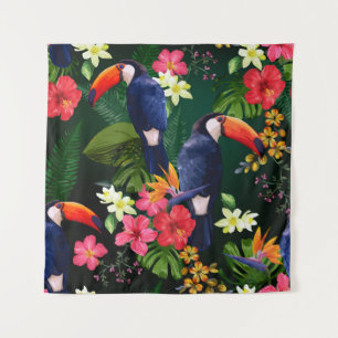 Tropical flowers, toucan: floral background. tapestry