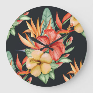Tropical Flowers: Vintage Watercolor Charm. Large Clock