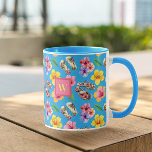 Tropical Flowers w FlipFlops Pink Monogram on Blue Mug