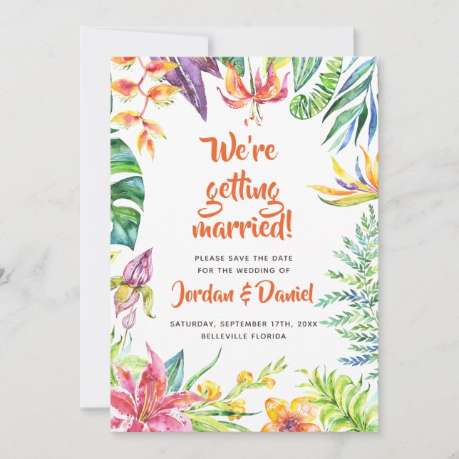 Tropical Flowers Watercolor Chic Save the Date (Front)