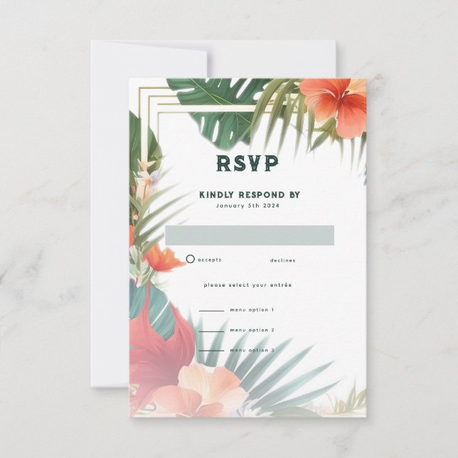 Tropical Flowers Watercolor Destinatiion Wedding  RSVP Card (Front)