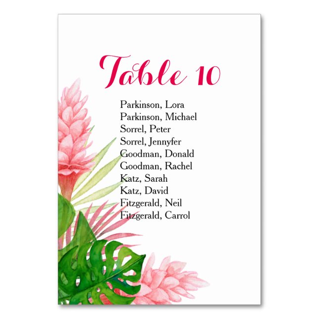 Tropical flowers watercolor wedding table card (Back)
