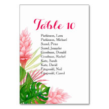 Tropical flowers watercolor wedding table card