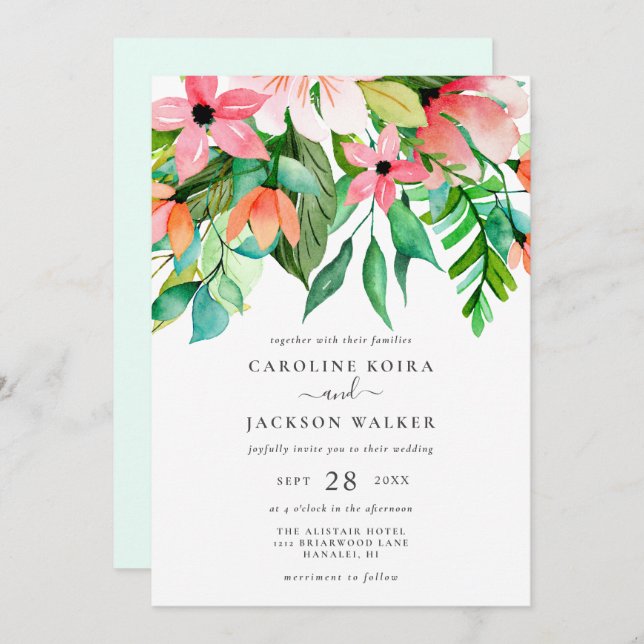 Tropical Flowers Wedding Invitation (Front/Back)