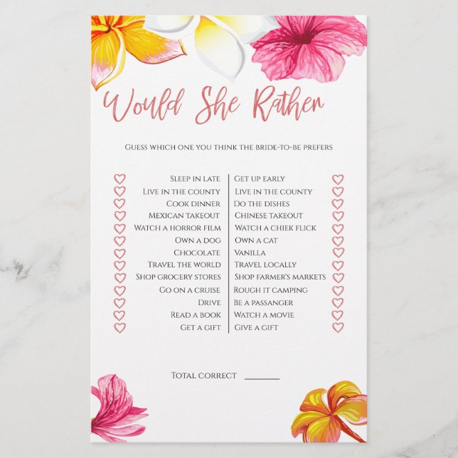 Tropical Flowers Would She Rather Bridal Shower Flyer (Front)