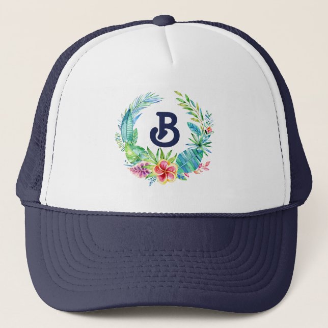 Tropical Flowers Wreath Monogram Trucker Hat (Front)