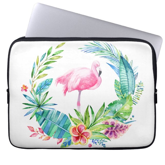 Tropical Flowers Wreath & Pink Flamingo Laptop Sleeve (Front)
