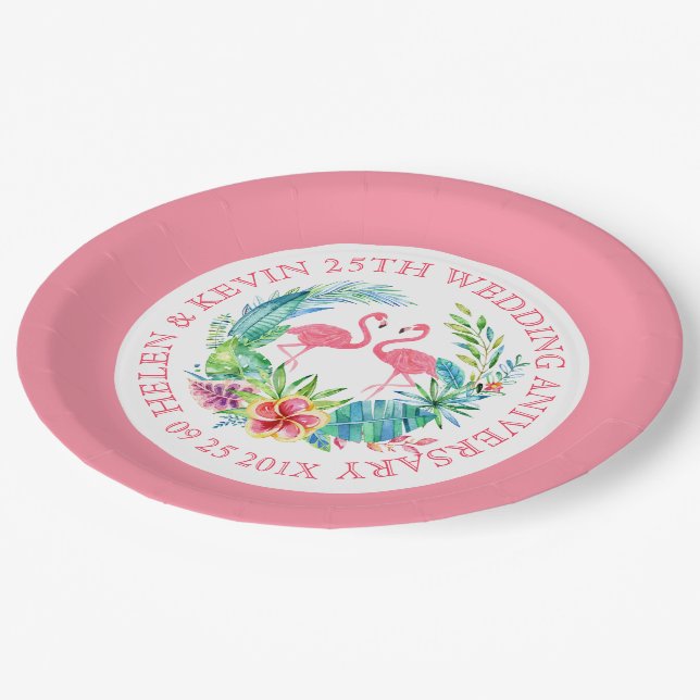 Tropical flowers wreath pink flamingos paper plate (Angled)