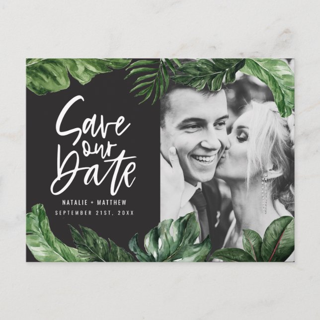 Tropical foliage and hand lettering photo wedding postcard (Front)