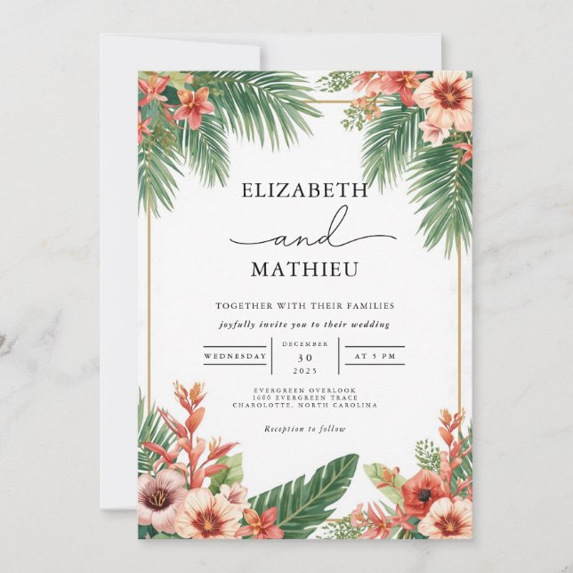 Tropical Foliage Arch Bloom Wedding Invitation (Front)