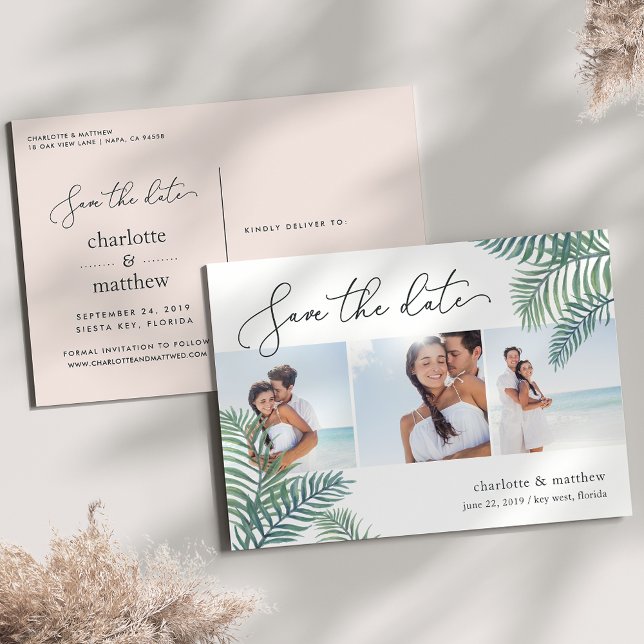 Tropical Foliage Beach Wedding Photo Save the Date Announcement Postcard (Creator Uploaded)