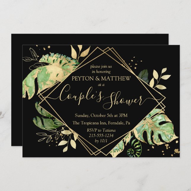 Tropical Foliage Black & Gold Couple's Shower Invitation (Front/Back)