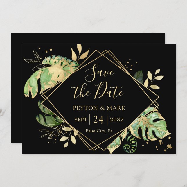 Tropical Foliage Black & Gold Elegant Geometric Save The Date (Front/Back)