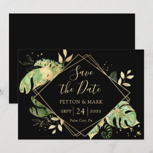 Tropical Foliage Black & Gold Elegant Geometric Save The Date