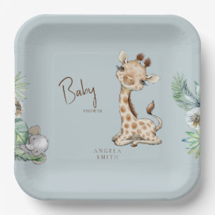 Tropical Foliage Dusty Blue Jungle Baby Shower Paper Plate