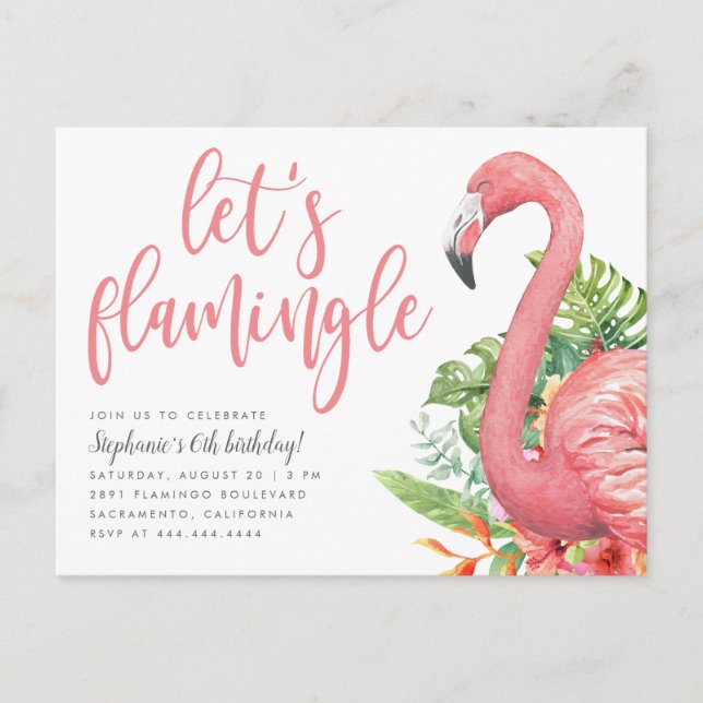 Tropical Foliage Flamingo Let's Flamingle Birthday Invitation Postcard (Front)