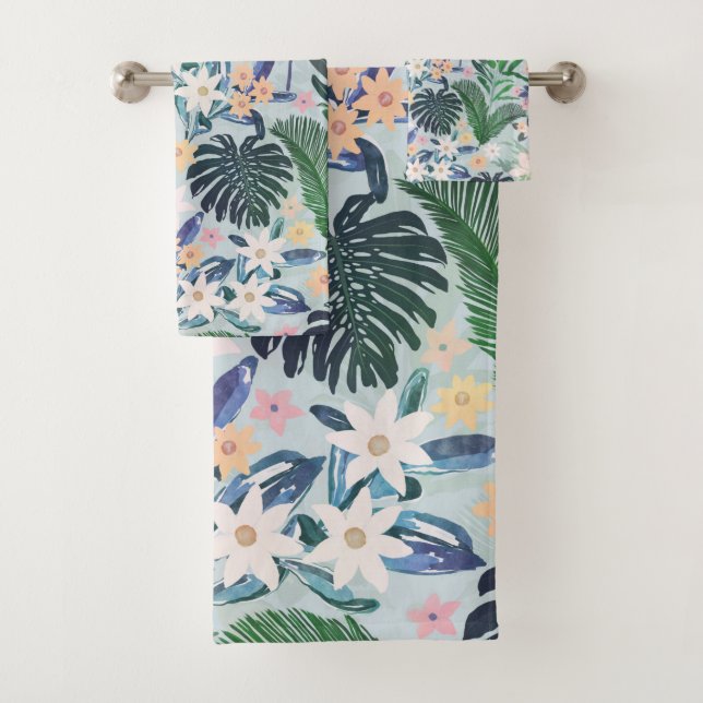 Tropical Foliage Floral Pattern Bath Towel Set (Insitu)