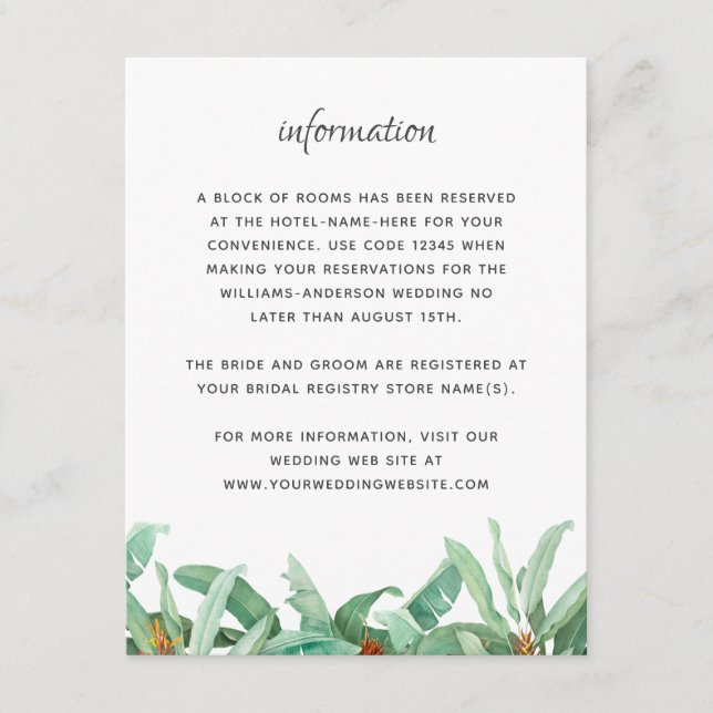 Tropical Foliage Floral Wedding Information Enclosure Card (Front)