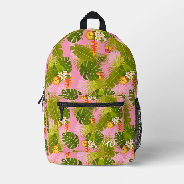 Tropical Foliage Garden Pink Printed Backpack (Front)