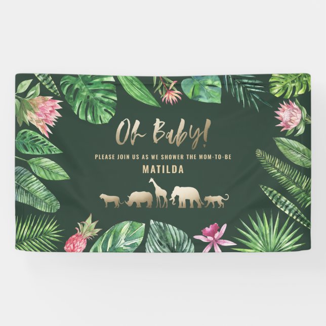 Tropical foliage + gold animals baby shower party banner (Horizontal)