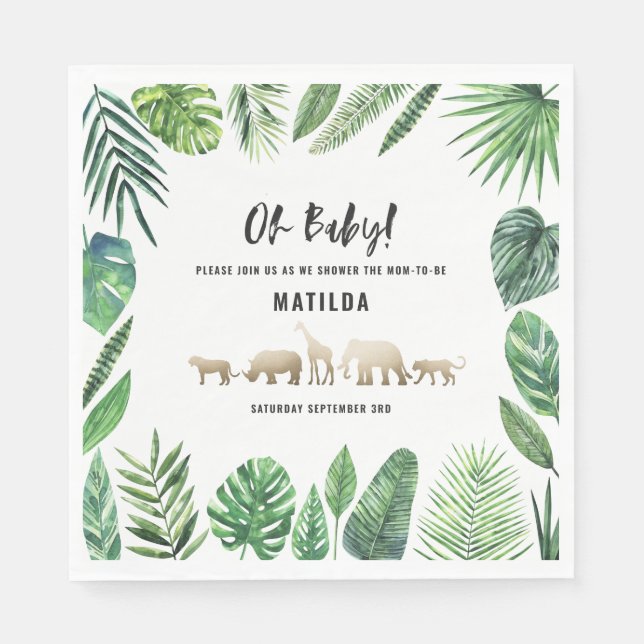 Tropical foliage + gold animals baby shower party napkin (Front)