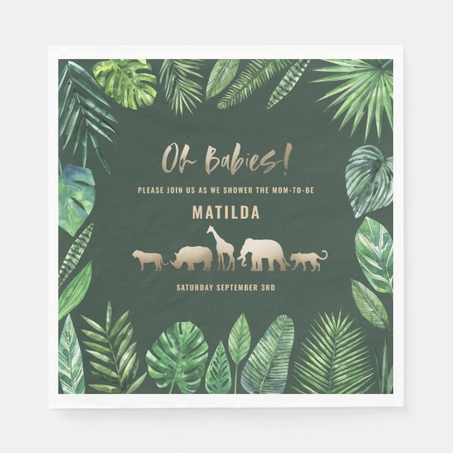 Tropical foliage + gold animals baby shower party napkin (Front)