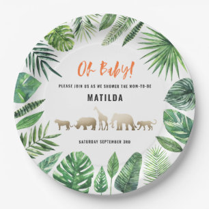 Tropical foliage + gold animals baby shower party paper plate