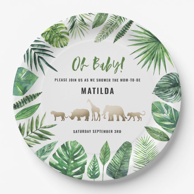 Tropical foliage + gold animals baby shower party paper plate (Front)