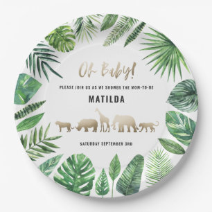 Tropical foliage + gold animals baby shower party paper plate
