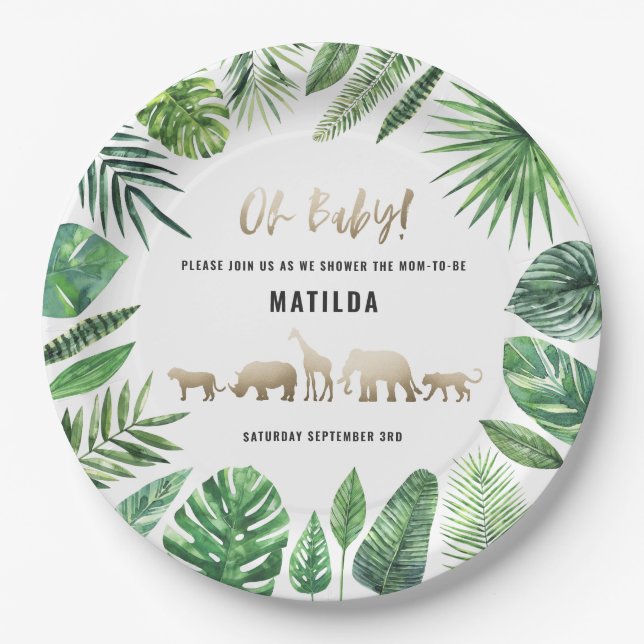 Tropical foliage + gold animals baby shower party paper plate (Front)