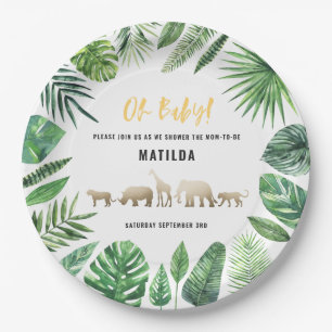 Tropical foliage + gold animals baby shower party paper plate