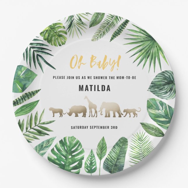 Tropical foliage + gold animals baby shower party paper plate (Front)