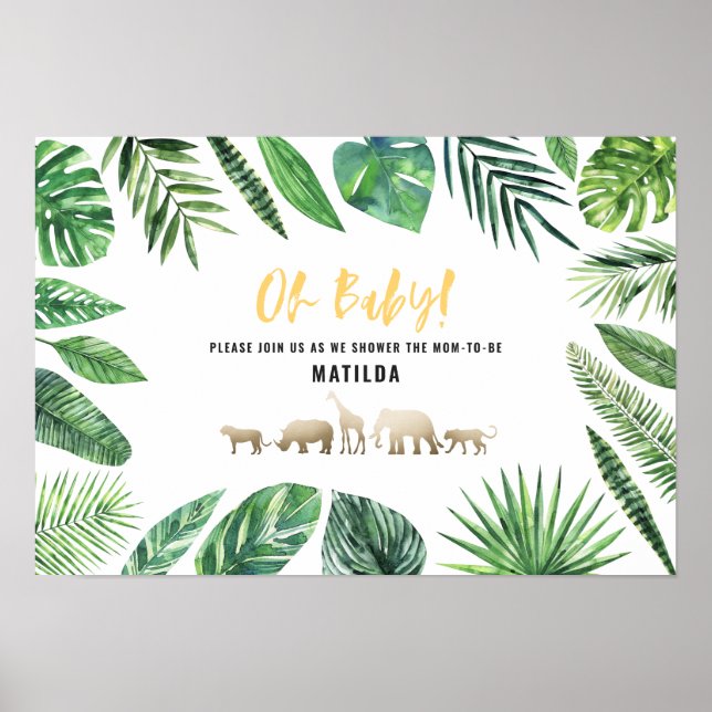 Tropical foliage + gold animals baby shower party poster (Front)