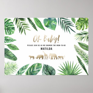 Tropical foliage + gold animals baby shower party poster