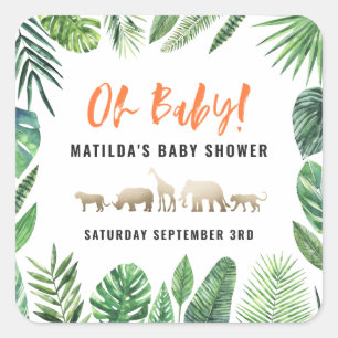 Tropical foliage + gold animals baby shower party square sticker