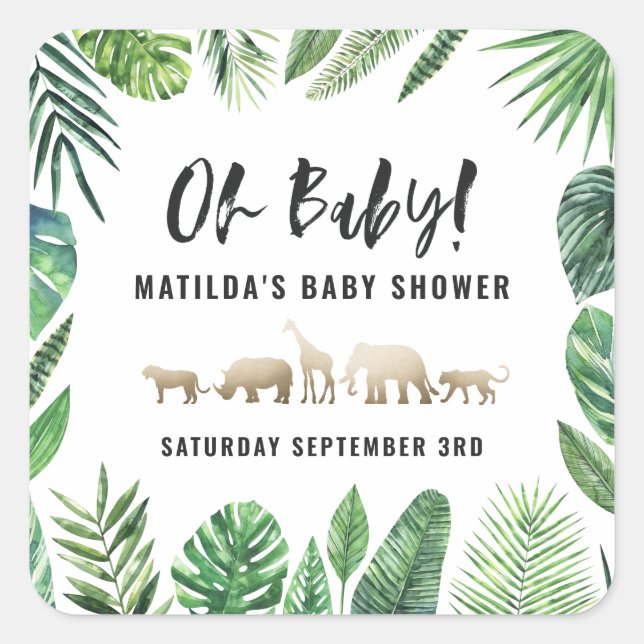 Tropical foliage + gold animals baby shower party square sticker (Front)