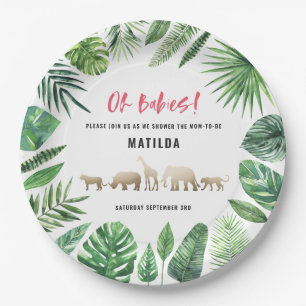 Tropical foliage + gold animals twin baby shower paper plate