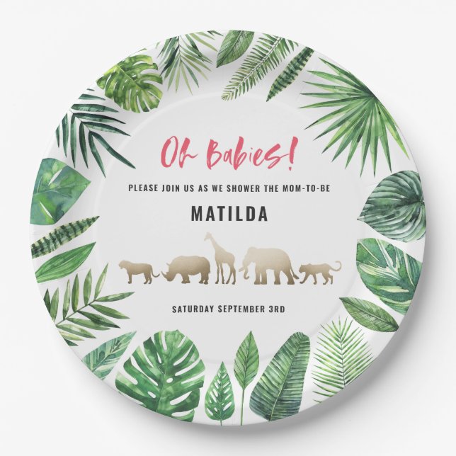 Tropical foliage + gold animals twin baby shower paper plate (Front)