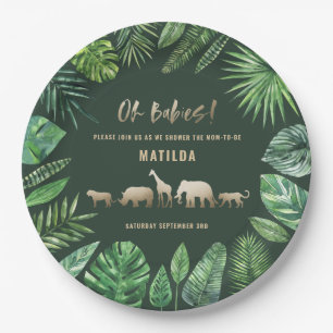 Tropical foliage + gold animals twin baby shower paper plate