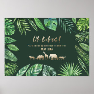 Tropical foliage + gold animals twin baby shower poster