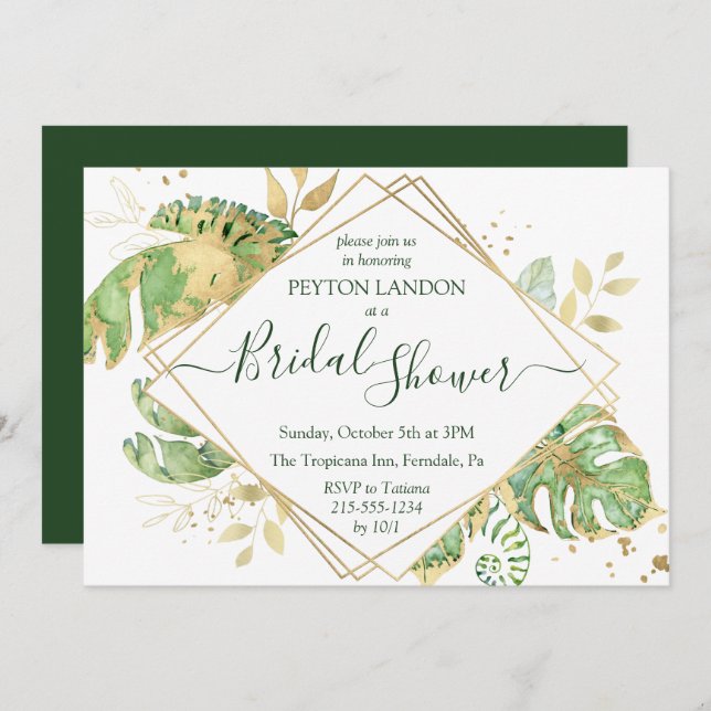 Tropical Foliage & Gold Elegant Bridal Shower Invitation (Front/Back)