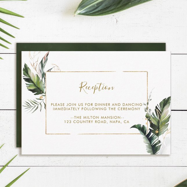 Tropical Foliage Gold Frame Wedding Reception Enclosure Card (Creator Uploaded)