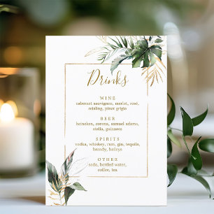 Tropical Foliage Gold & Green Wedding Bar Drinks  Menu